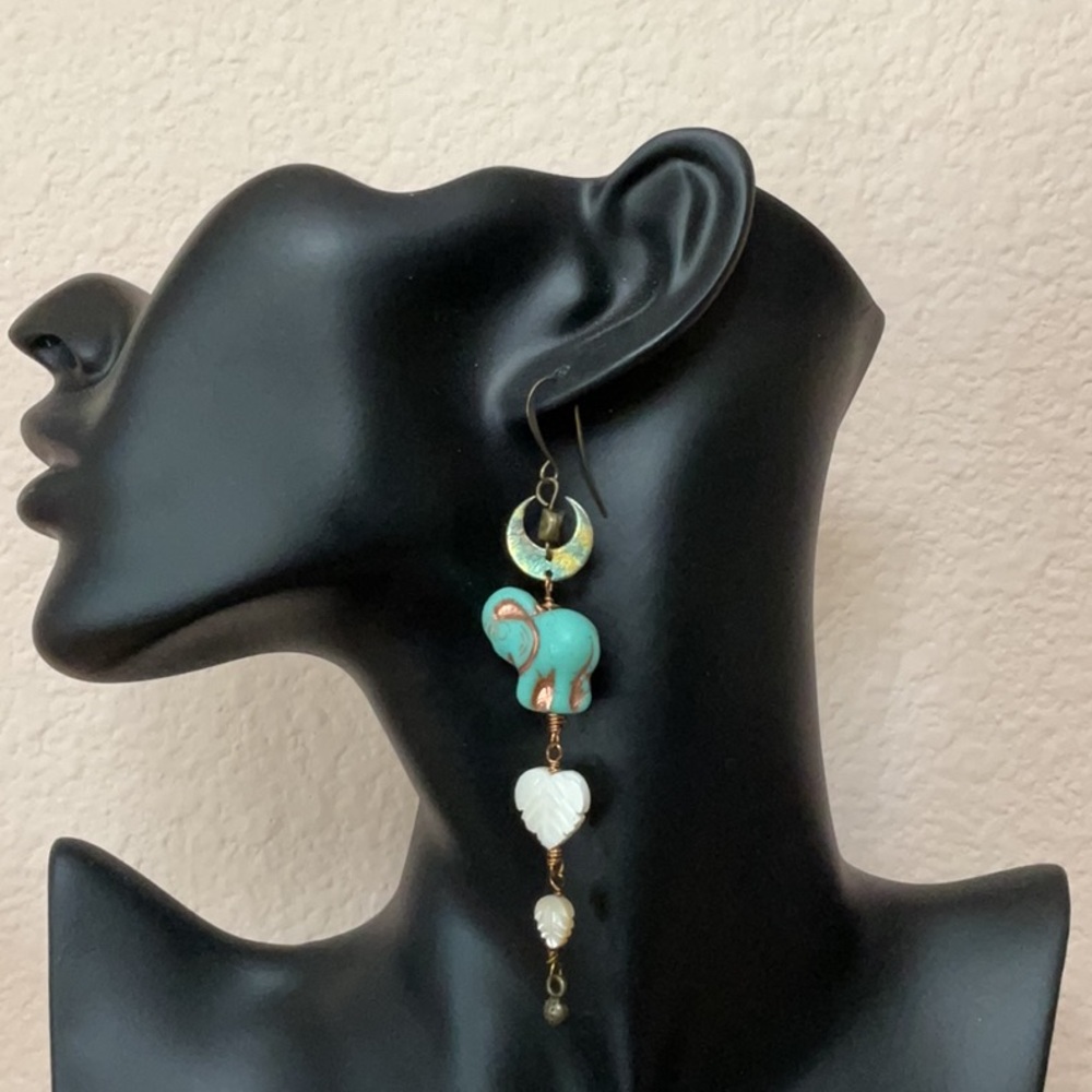 Turquoise and White Elephant Drop Earrings - Women Jewelry